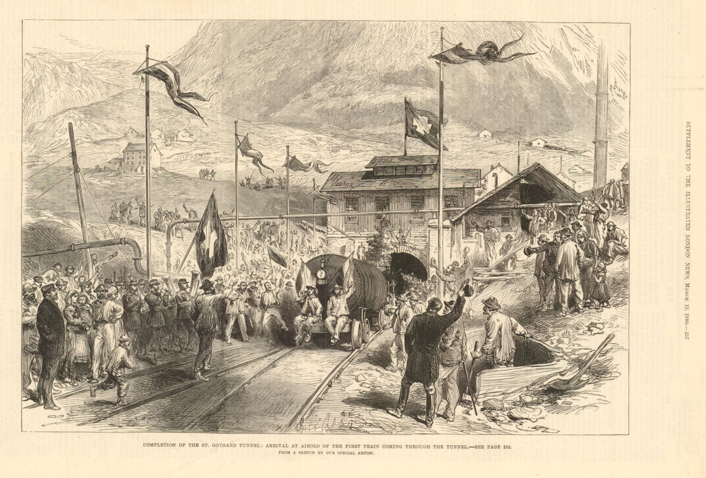 St Gotthard Tunnel completion: First train arriving at Airolo 1880 old print